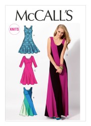 6697 MCCALLS STRETCH KNIT SLEEVES OR NOT BIAS GODET SEAM DRESS PATTERN 6-14, 14-22